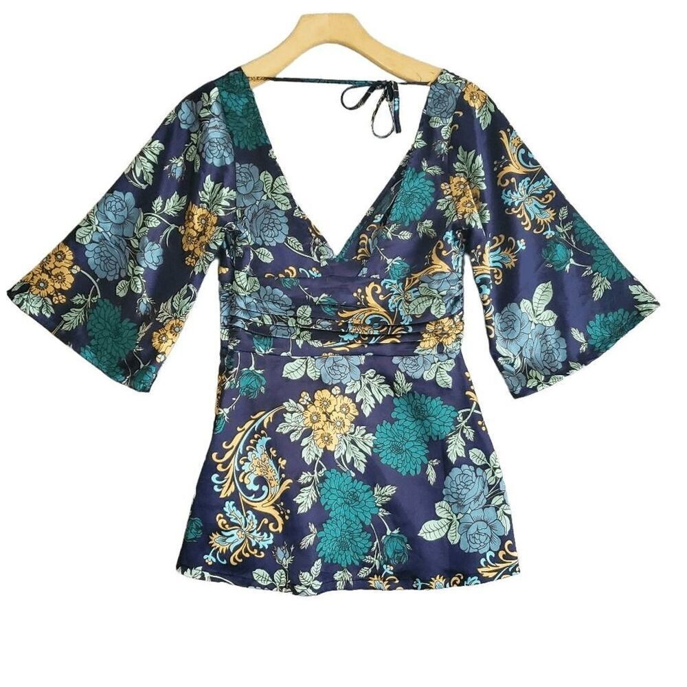 Y2K Guess Women's Silky Side Zip Kimono Style Deep V-Neck Top Small - Picture 2 of 8